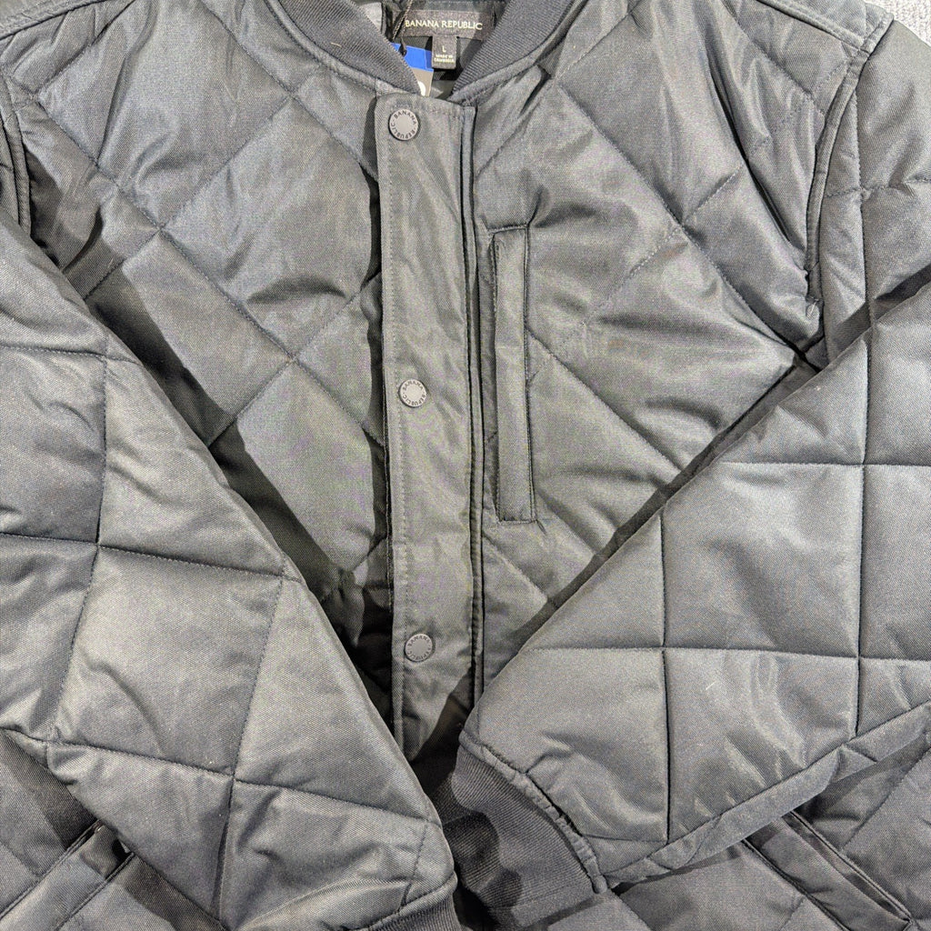 Banana Republic Quilted Bomber Jacket Black L Men's Diamond Pattern Snap Zip