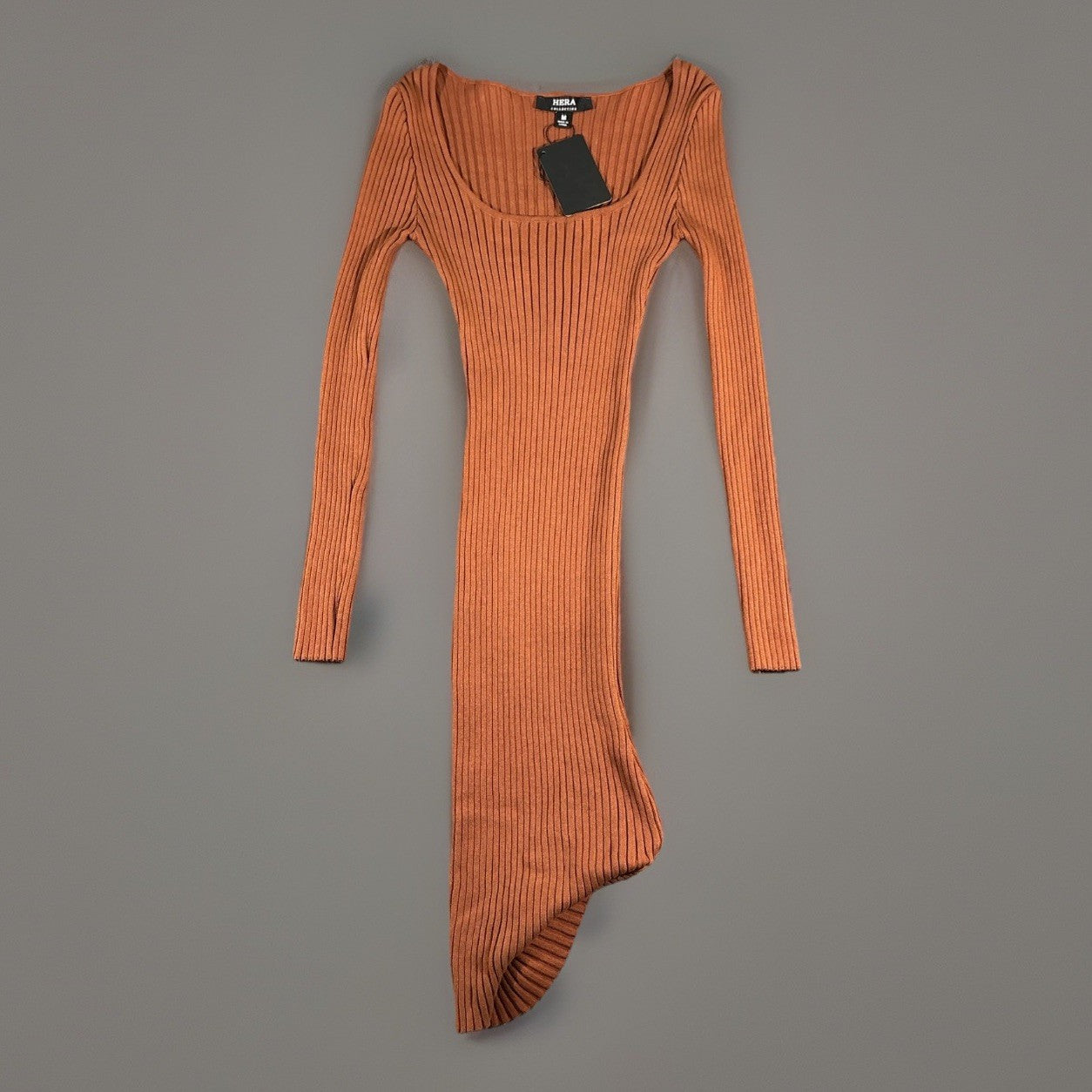 Burnt Orange Bodycon Dress Ribbed Long Sleeve Knit Size Medium
