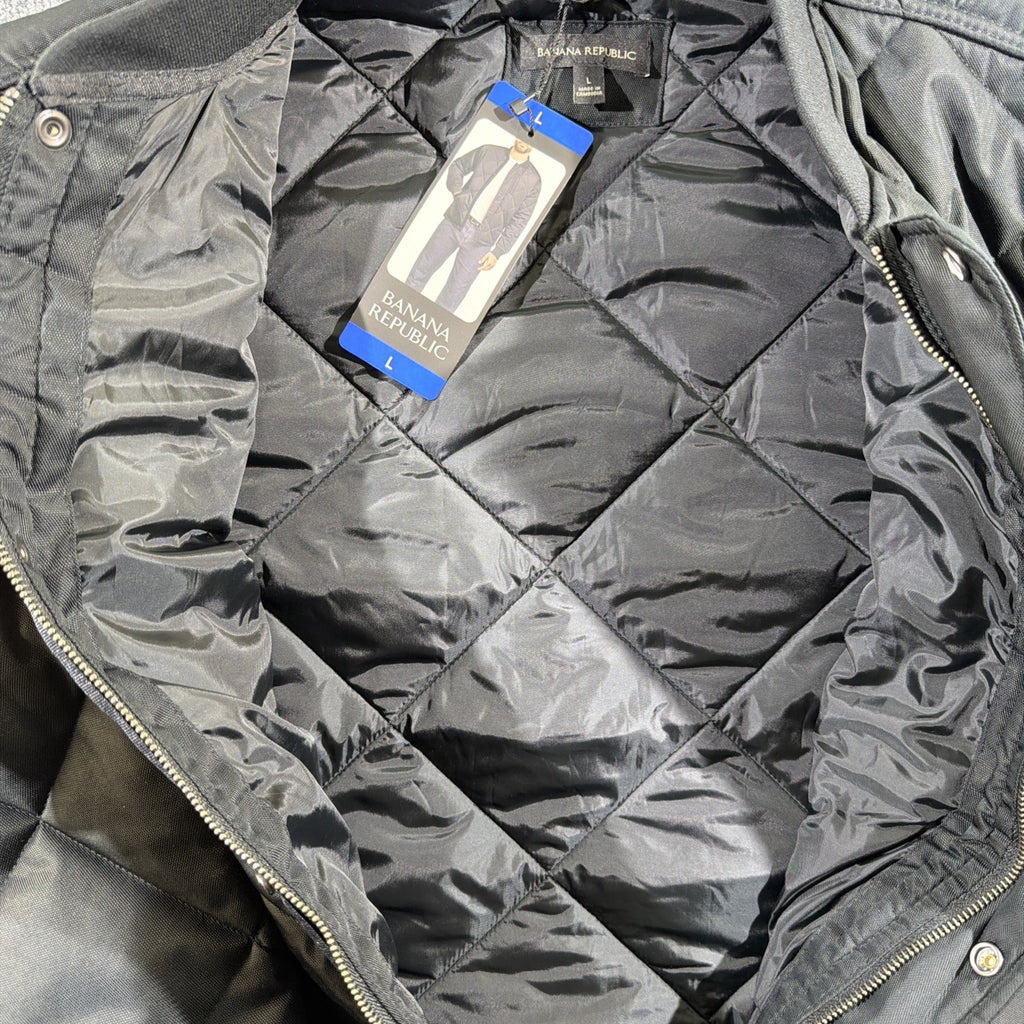 Banana Republic Quilted Bomber Jacket Black L Men's Diamond Pattern Snap Zip