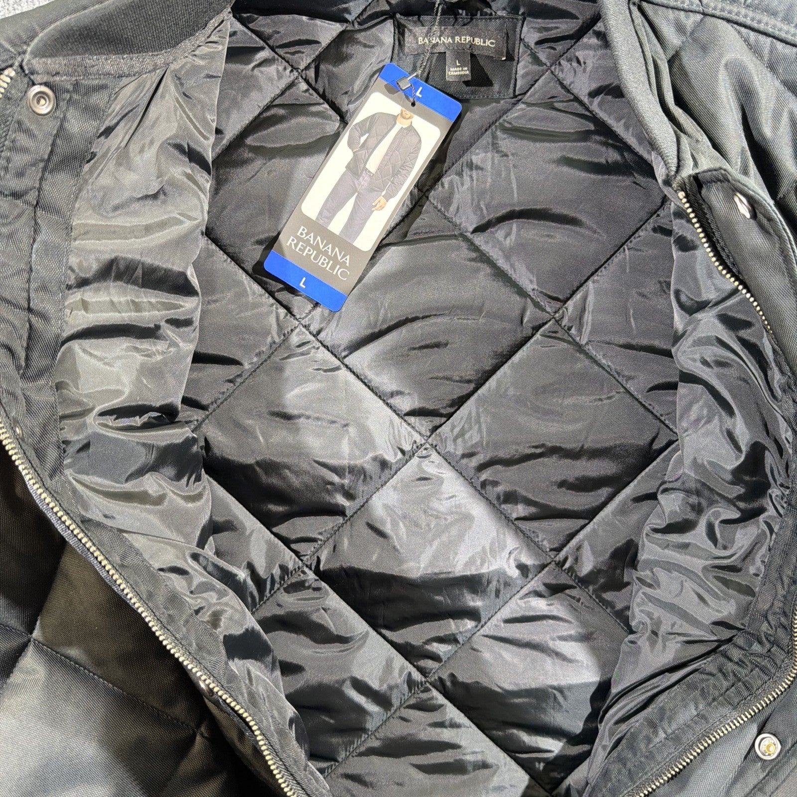 Banana Republic Quilted Bomber Jacket Black L Men's Diamond Pattern Snap Zip